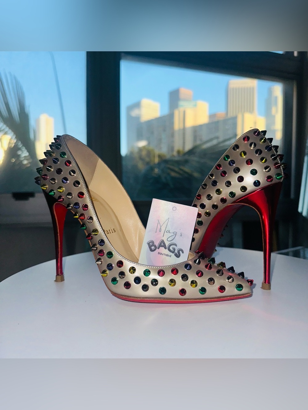 Louboutin: Multicolor Follies Spikes 100 Beige Specchio Studded Heels *RARE* - Picture 7 of 17